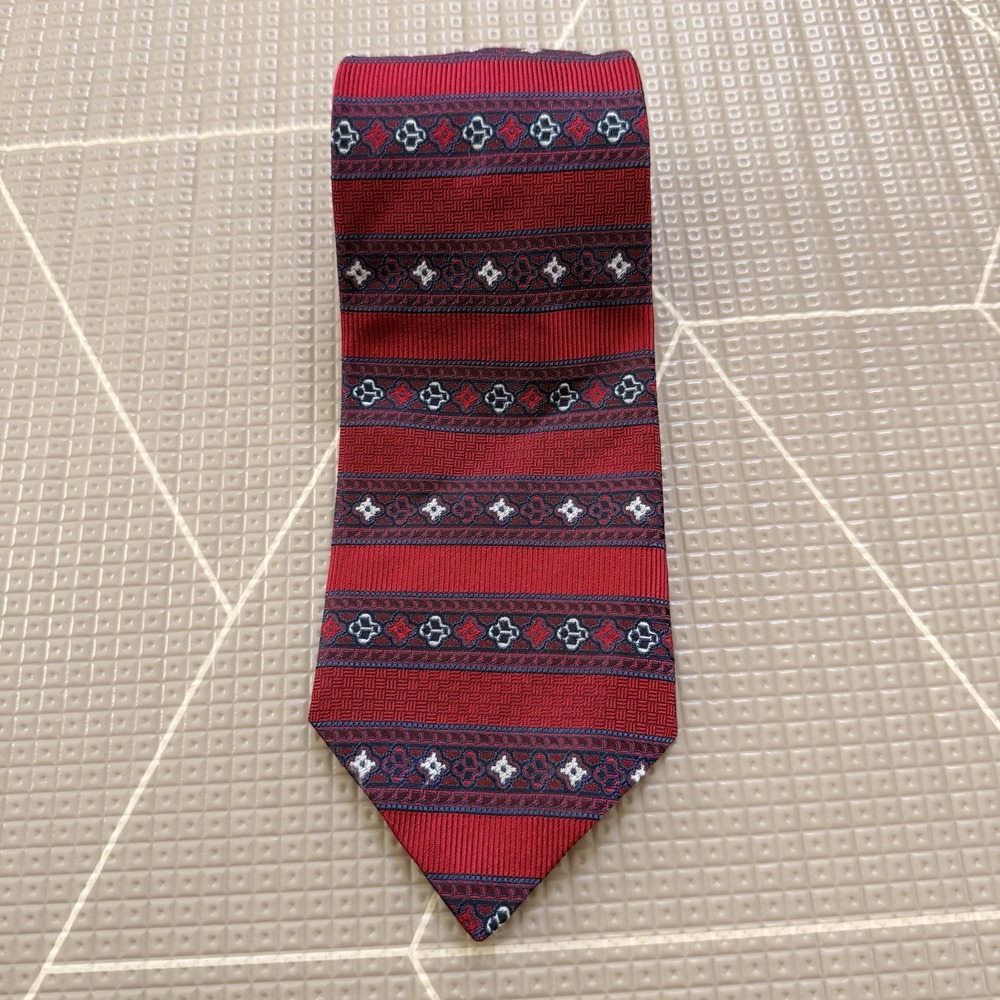 Christian Dior Cravate Vintage Neck Tie 100% Silk Red Geometric Print Stripes